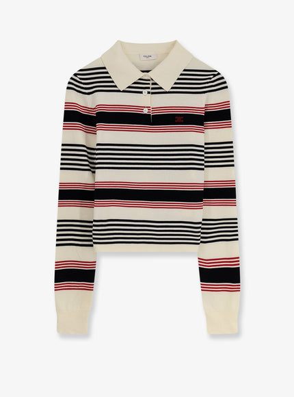 Celine Striped Cotton Polo Sweater Whiteblackred