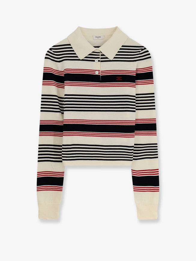 Celine Striped Cotton Polo Sweater Whiteblackred