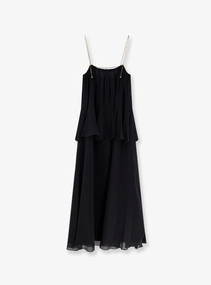 Chloe' Flounced Silk Long Dress Black