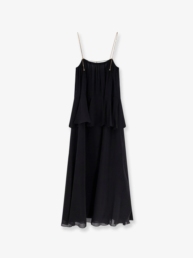 Chloe' Flounced Silk Long Dress Black