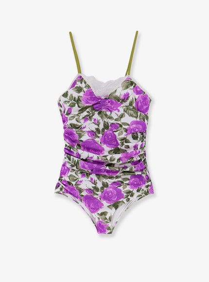 Chloe' One-Piece Swimsuit With Floral Pattern Whitepurple