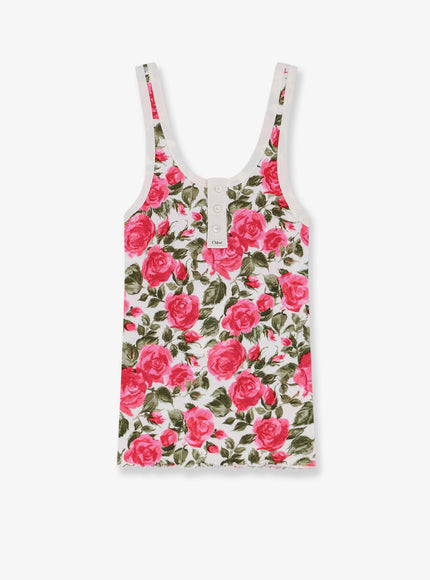 Chloe' Cotton Henley Tank Top With All-Over Floral Pattern Whitepink