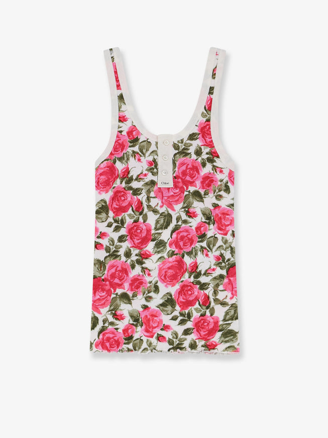 Chloe' Cotton Henley Tank Top With All-Over Floral Pattern Whitepink