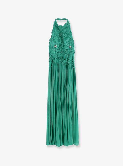 Costarellos Lurex Georgette Long Dress 38 Jade