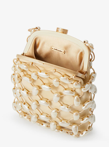 Cult Gaia Brielle Wristlet Leather Handbag With All-Over Pearl Detail