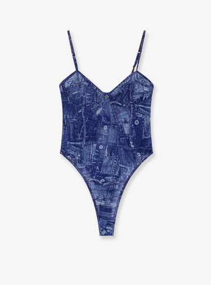 Diesel Bridget Nylon Bodysuit With Denim Print Grigio