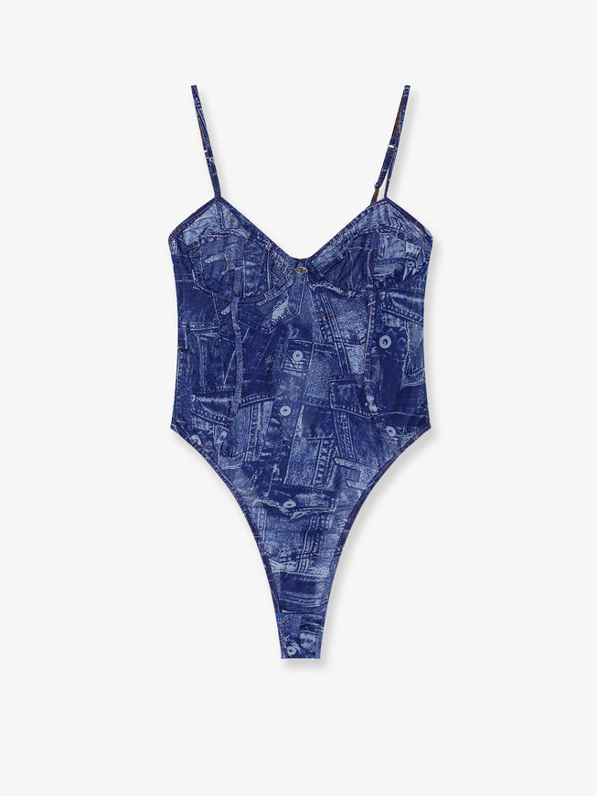 Diesel Bridget Nylon Bodysuit With Denim Print Grigio