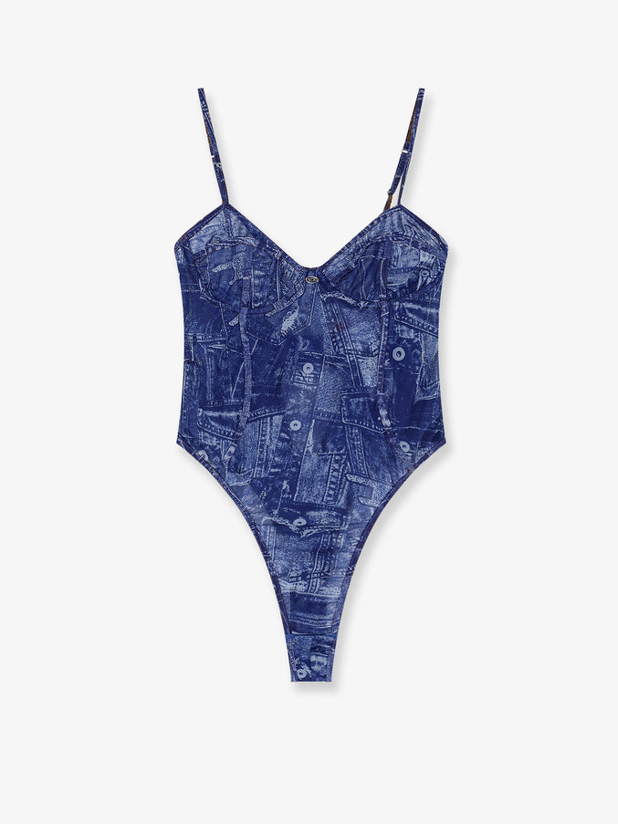 Diesel Bridget Nylon Bodysuit With Denim Print Grigio