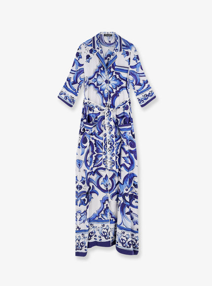 Dolce & Gabbana Silk Long Dress With Maiolica Print Blu