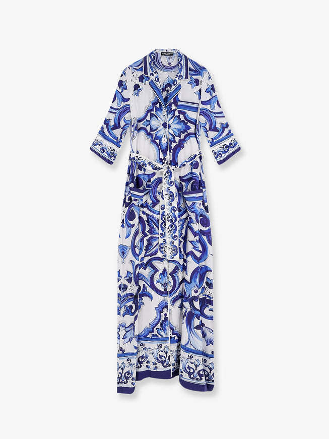 Dolce & Gabbana Silk Long Dress With Maiolica Print Blu