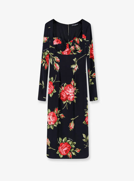 Dolce & Gabbana Viscose Dress With Iconic Print Bouquet Rose Nero