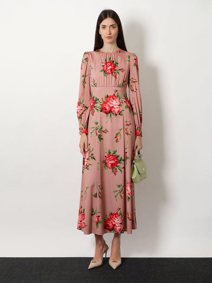 Dolce & Gabbana Long Silk Dress With Bouquet Rose Print