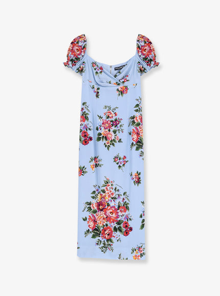 Dolce & Gabbana Silk Stretch Dress With Mazzo Di Fiori Print 40 Celeste