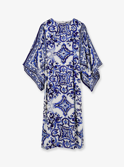 Dolce & Gabbana Stretch Silk Long Dress With Maiolica Print 38 Blu