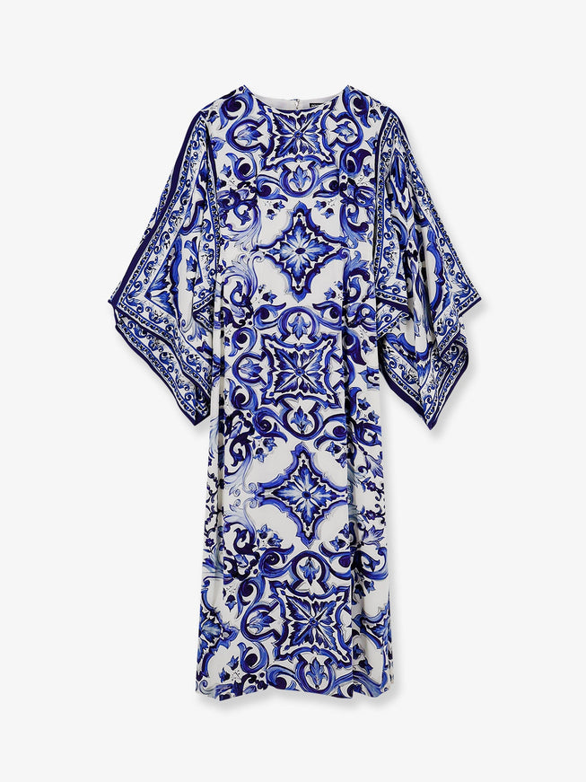 Dolce & Gabbana Stretch Silk Long Dress With Maiolica Print 38 Blu