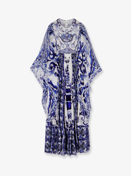 Dolce & Gabbana Silk Long Dress With Maiolica Print Blu