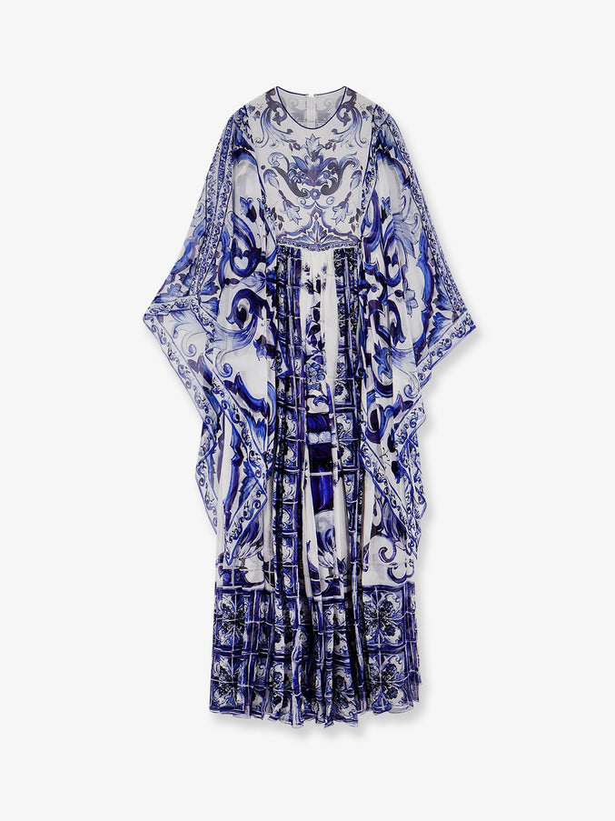 Dolce & Gabbana Silk Long Dress With Maiolica Print Blu