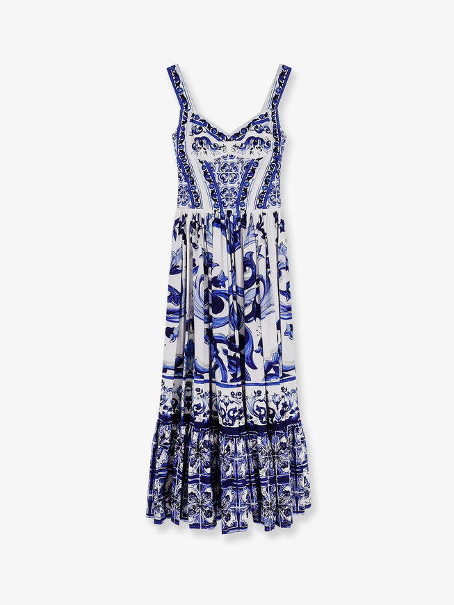 Dolce & Gabbana Cotton Long Dress With Maiolica Print 38 Blu
