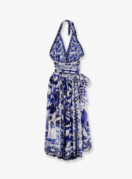 Dolce & Gabbana Silk Long Dress With Maiolica Print 42 Blu