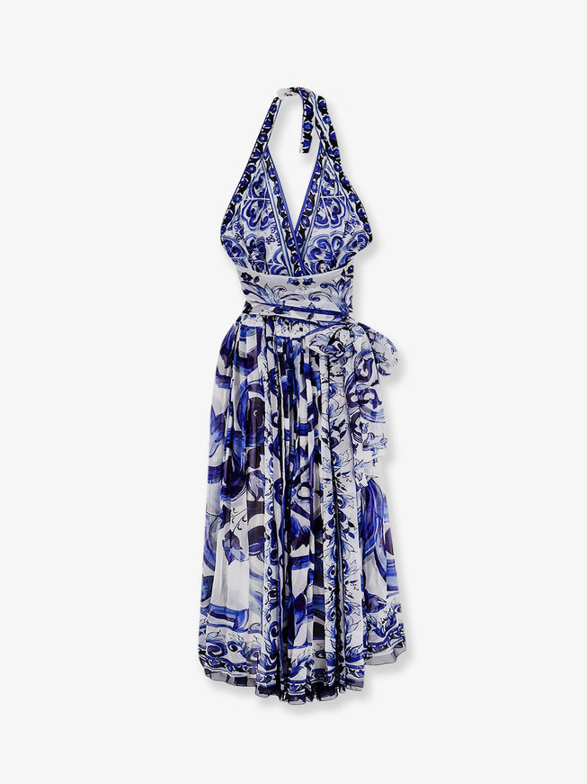 Dolce & Gabbana Silk Long Dress With Maiolica Print 42 Blu