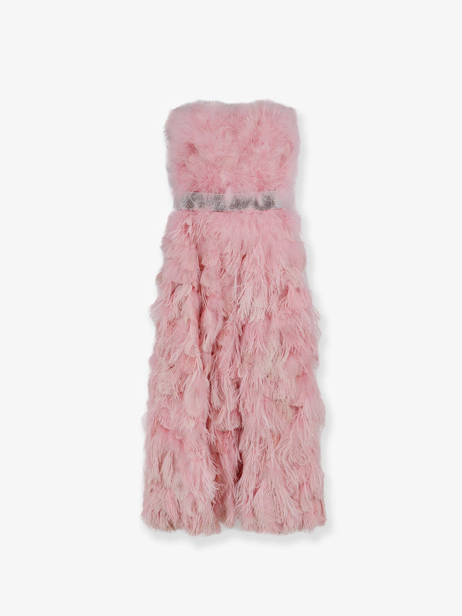 Dolce & Gabbana Silk Long Dress With Feathers Bianco