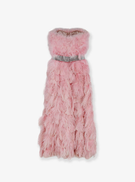 Dolce & Gabbana Silk Long Dress With Feathers