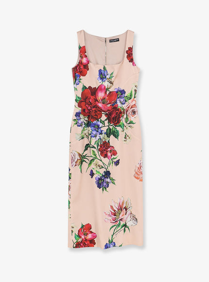 Dolce & Gabbana Satin Longuette Dress With Fiori Print Rosa