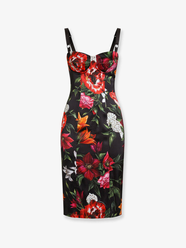 Dolce & Gabbana Satin Dress With Floral Print Nero