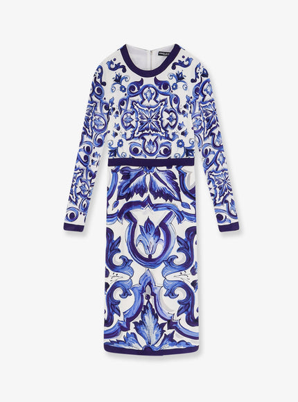 Dolce & Gabbana Silk Blend Dress With Maiolica Print Blu