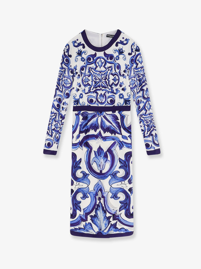 Dolce & Gabbana Silk Blend Dress With Maiolica Print Blu
