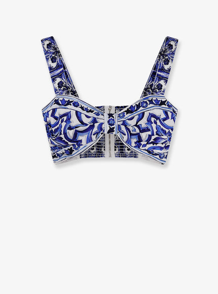Dolce & Gabbana Cropped Cotton Top With Maiolica Print 44 Blu