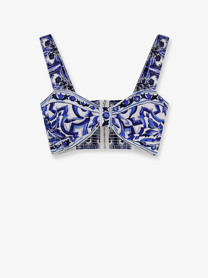 Dolce & Gabbana Cropped Cotton Top With Maiolica Print 44 Blu