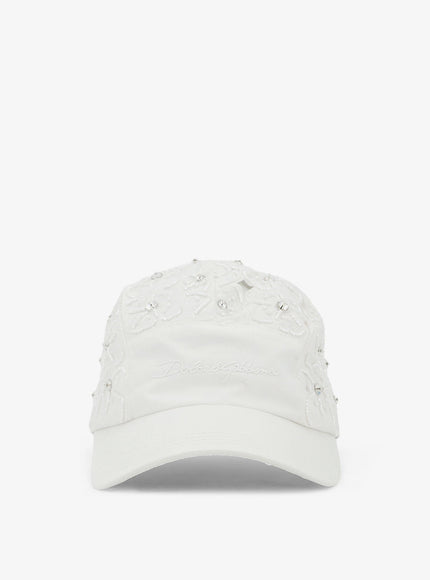 Dolce & Gabbana Cotton Hat With All-Over Floral Embroidery Bianco