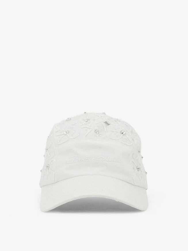 Dolce & Gabbana Cotton Hat With All-Over Floral Embroidery Bianco