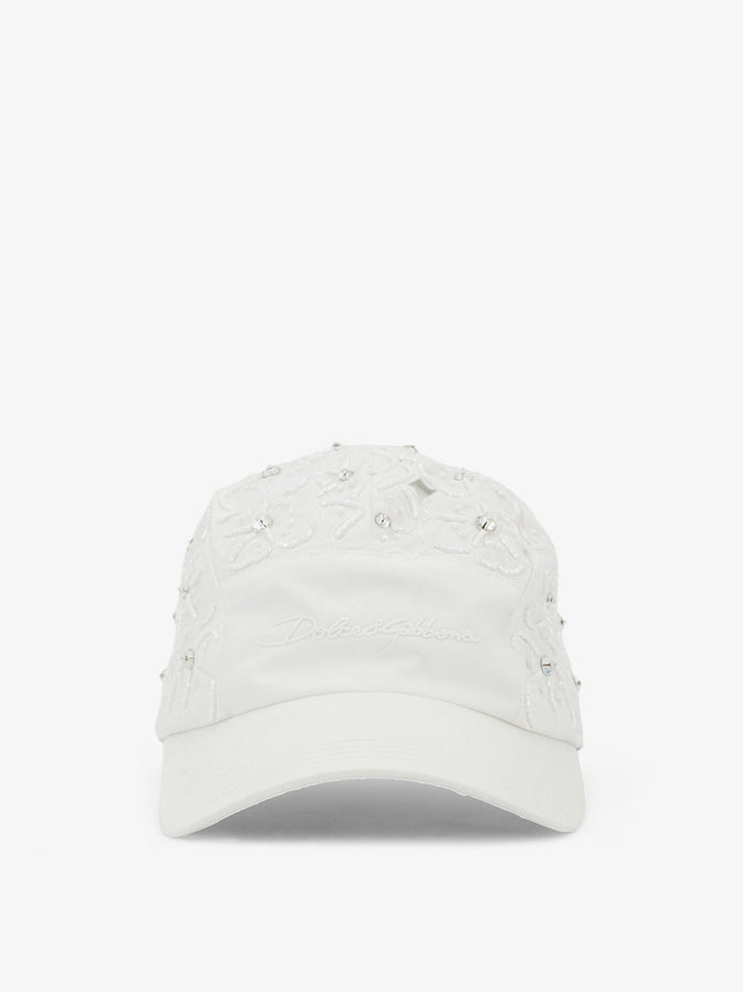 Dolce & Gabbana Cotton Hat With All-Over Floral Embroidery Bianco