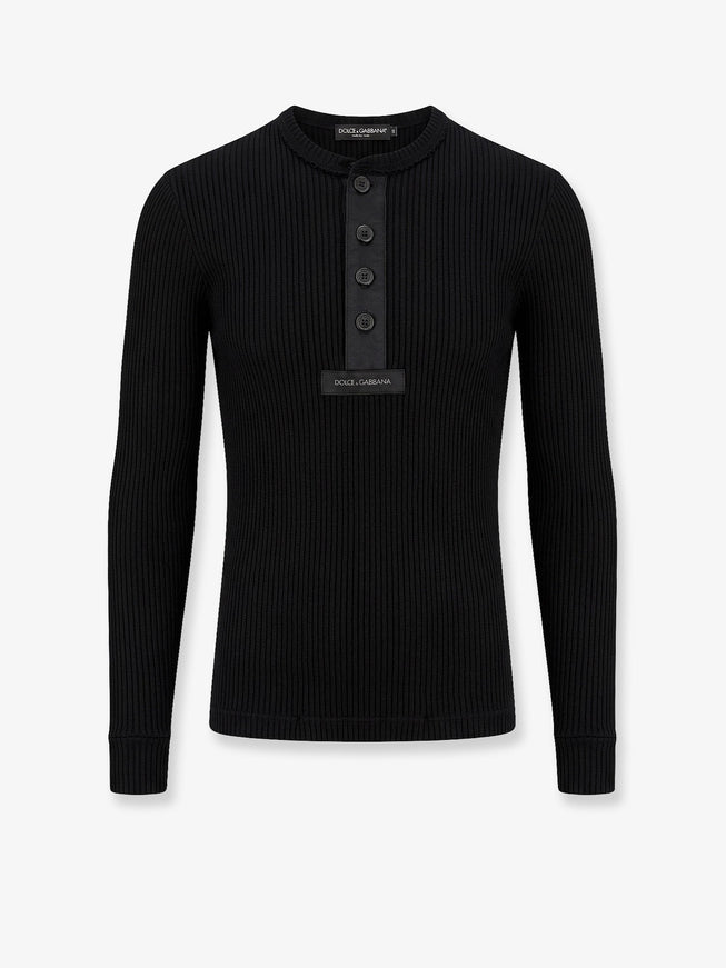Dolce & Gabbana Ribbed Cotton Sweater With Metal Logo On The Front Nero