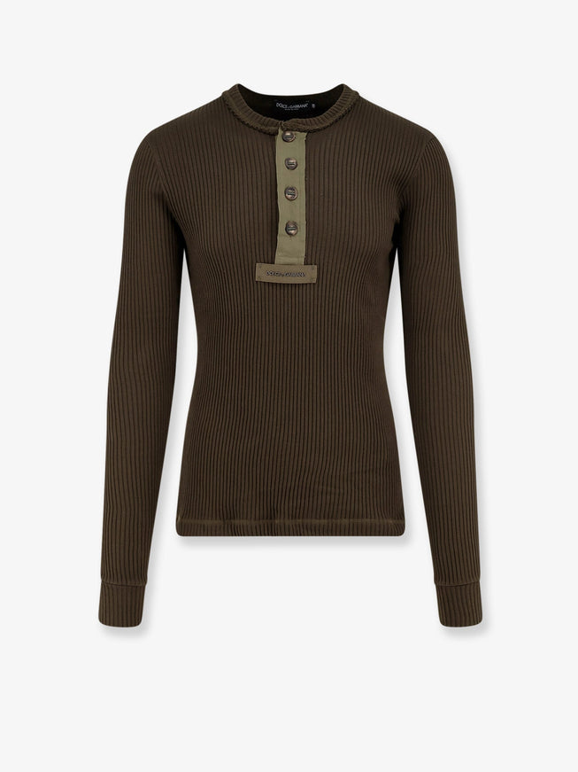 Dolce & Gabbana Ribbed Cotton Sweater With Metal Logo On The Front Grigio Fango Scuriss