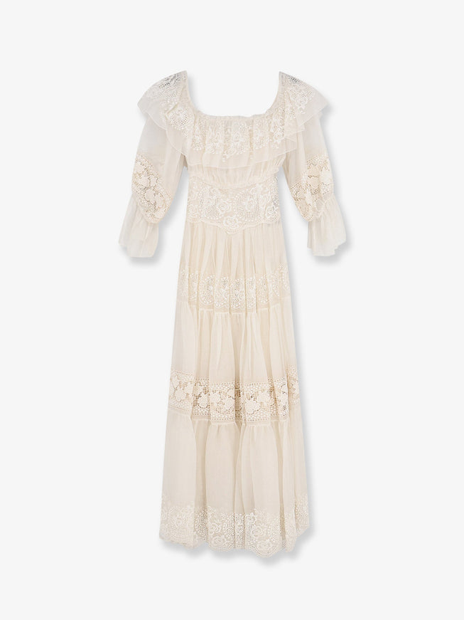 Dolce & Gabbana Silk Blend Dress With All-Over Floral Embroidery 38 Bianco
