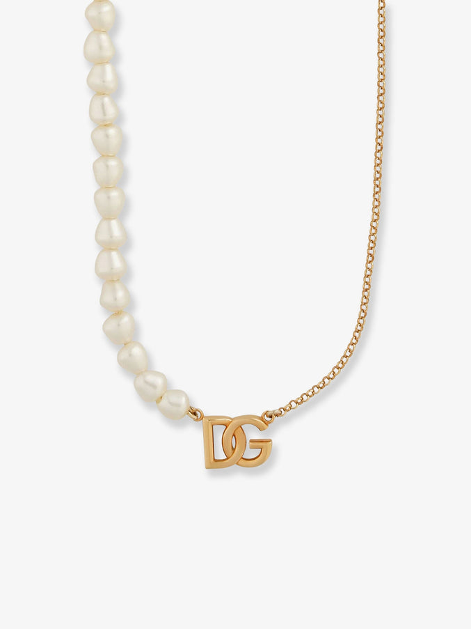 Dolce & Gabbana Brass Necklace With Pearls And Dg Logo
