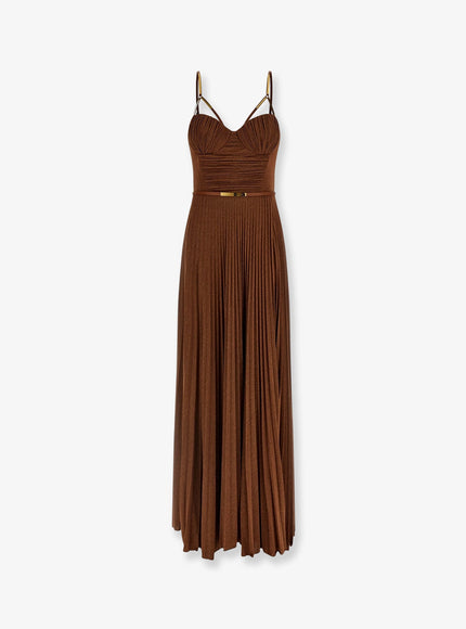 Elisabetta Franchi Red Carpet Laminated Long Dress With Belt Cuoio