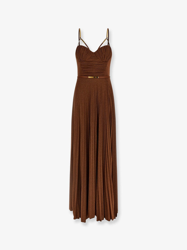 Elisabetta Franchi Red Carpet Laminated Long Dress With Belt Cuoio