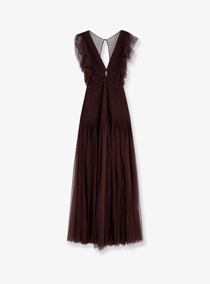 Elisabetta Franchi Red Carpet Long Dress With Rhinestones Detail Cacao