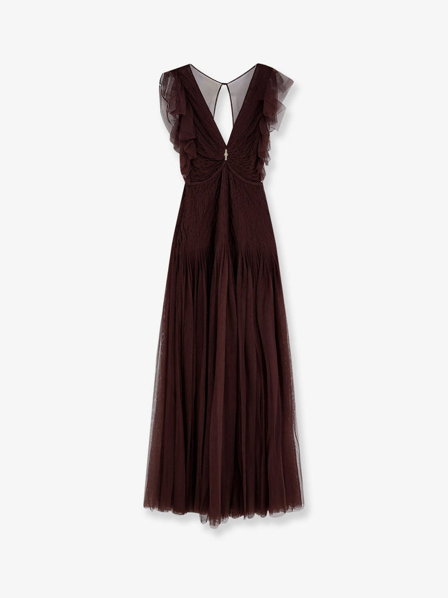 Elisabetta Franchi Red Carpet Long Dress With Rhinestones Detail Cacao