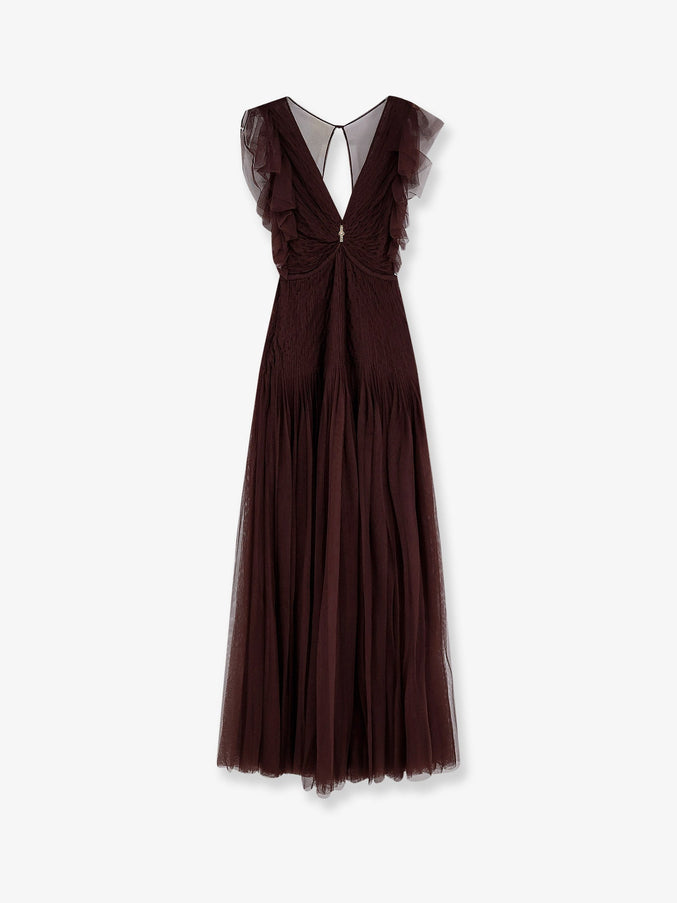 Elisabetta Franchi Red Carpet Long Dress With Rhinestones Detail Cacao