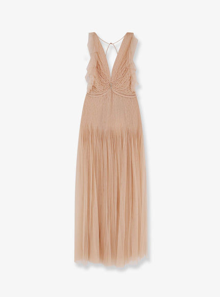 Elisabetta Franchi Red Carpet Long Dress With Rhinestones Detail Nude