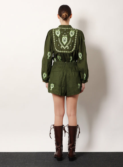 Farm Rio Green Heart Tapestry Embroidered Lenzing™ Ecovero™ Euroflax™ Shorts