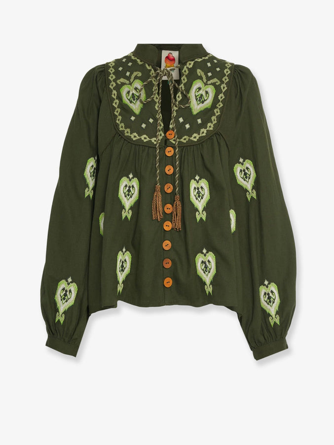 Farm Rio Embroidered Puff Sleeve Lenzing™ Ecovero™ Euroflax™ Shirt Green