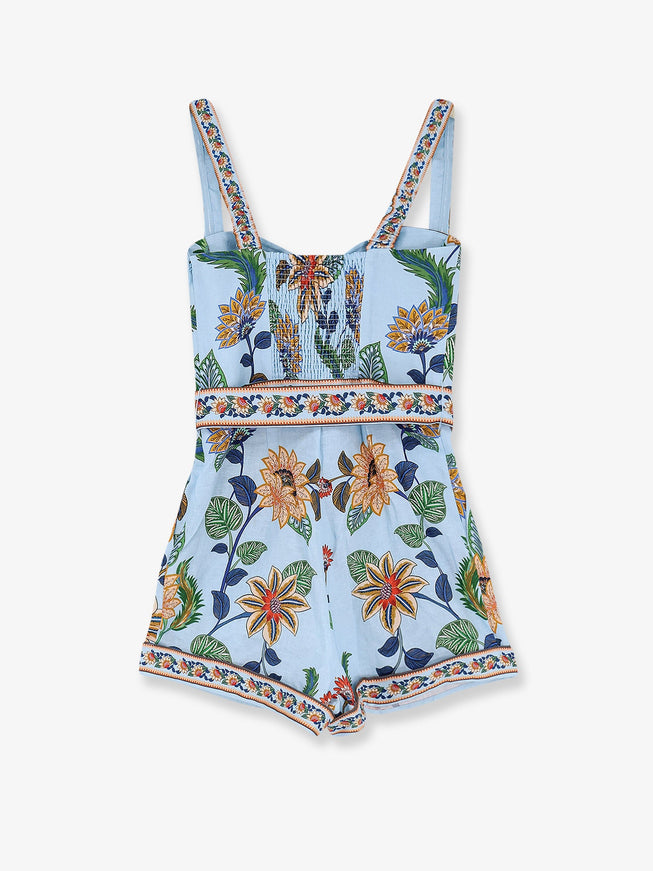 Farm Rio Linen Jumpsuit With Flower Dehli Print