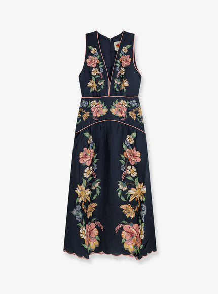 Farm Rio Maira Long Linen Dress With Floral Print Mairafloraldarkblue