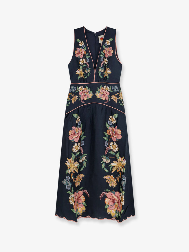 Farm Rio Maira Long Linen Dress With Floral Print Mairafloraldarkblue